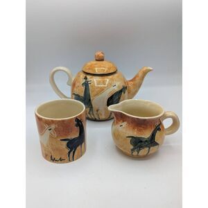 Hand Painted Iden Pottery England Teapot Cup Creamer Primitive Cave Art Horses
